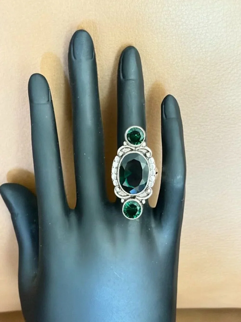 Simulated Emerald Three Stone Statement Ring 925 Silver Plated - Size 5.5